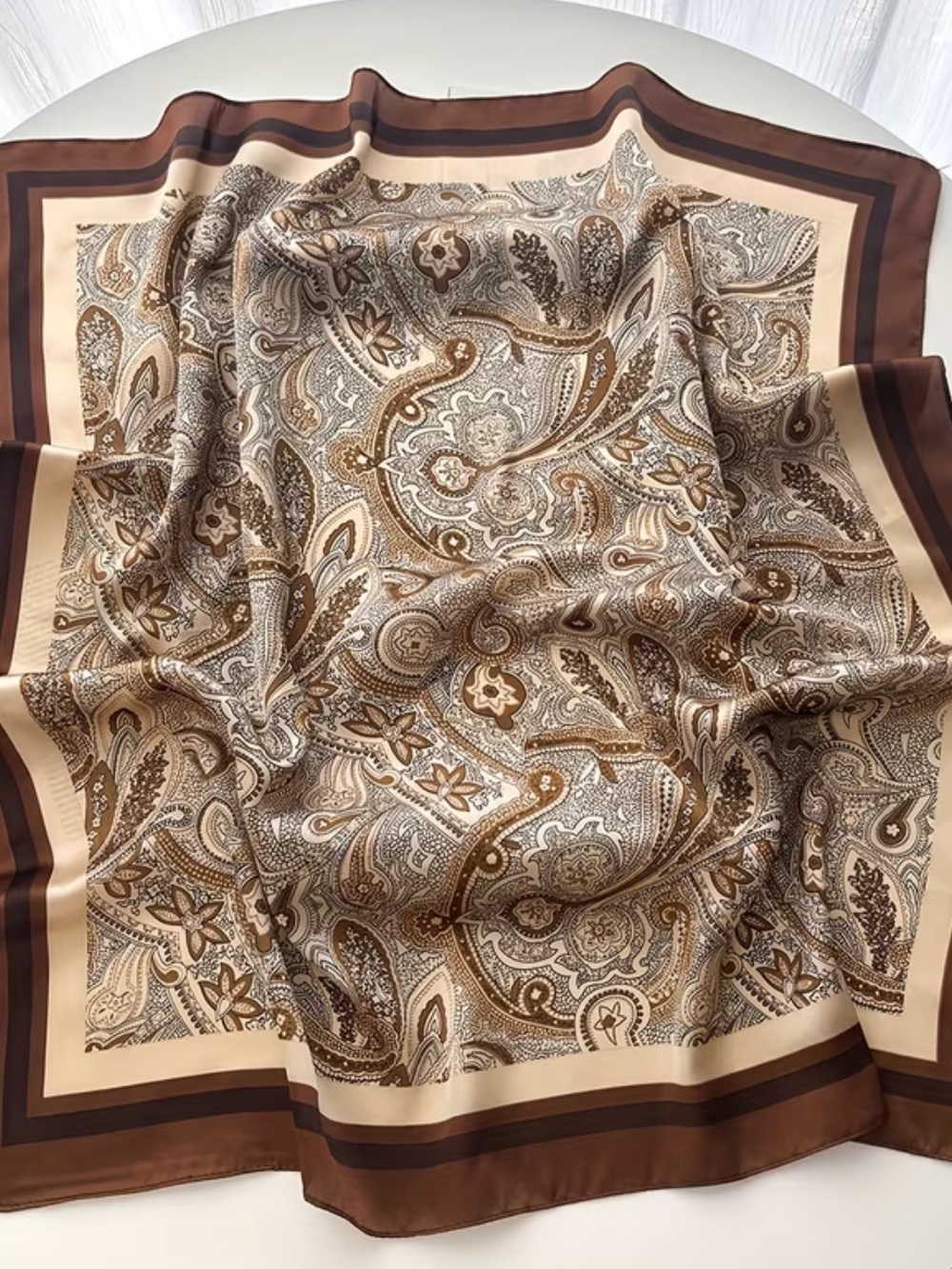 Classic Paisley Silk-Feel Scarf in Coffee and Cream 27.5”